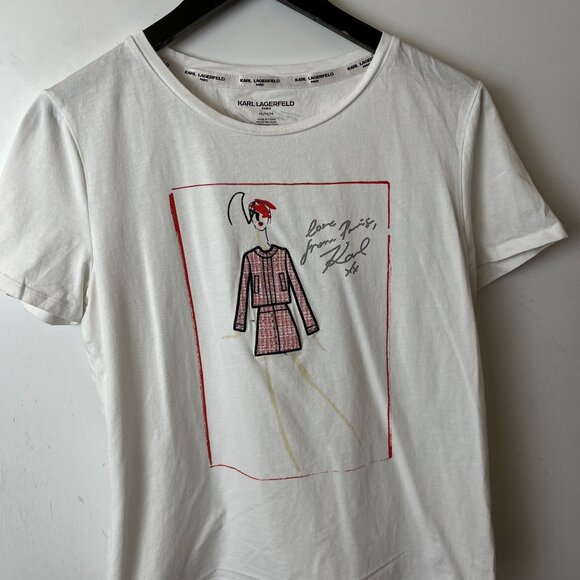 Karl Lagerfeld  Love From Paris T Shirt Womens White Medium M Fashion Designer - Picture 9 of 12